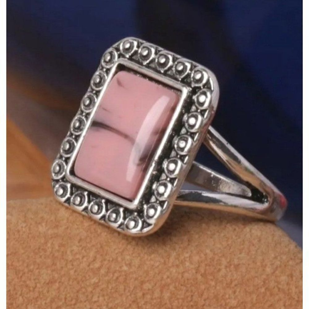 Vintage Square Pink Marble Resin Silver Ring sz 7
